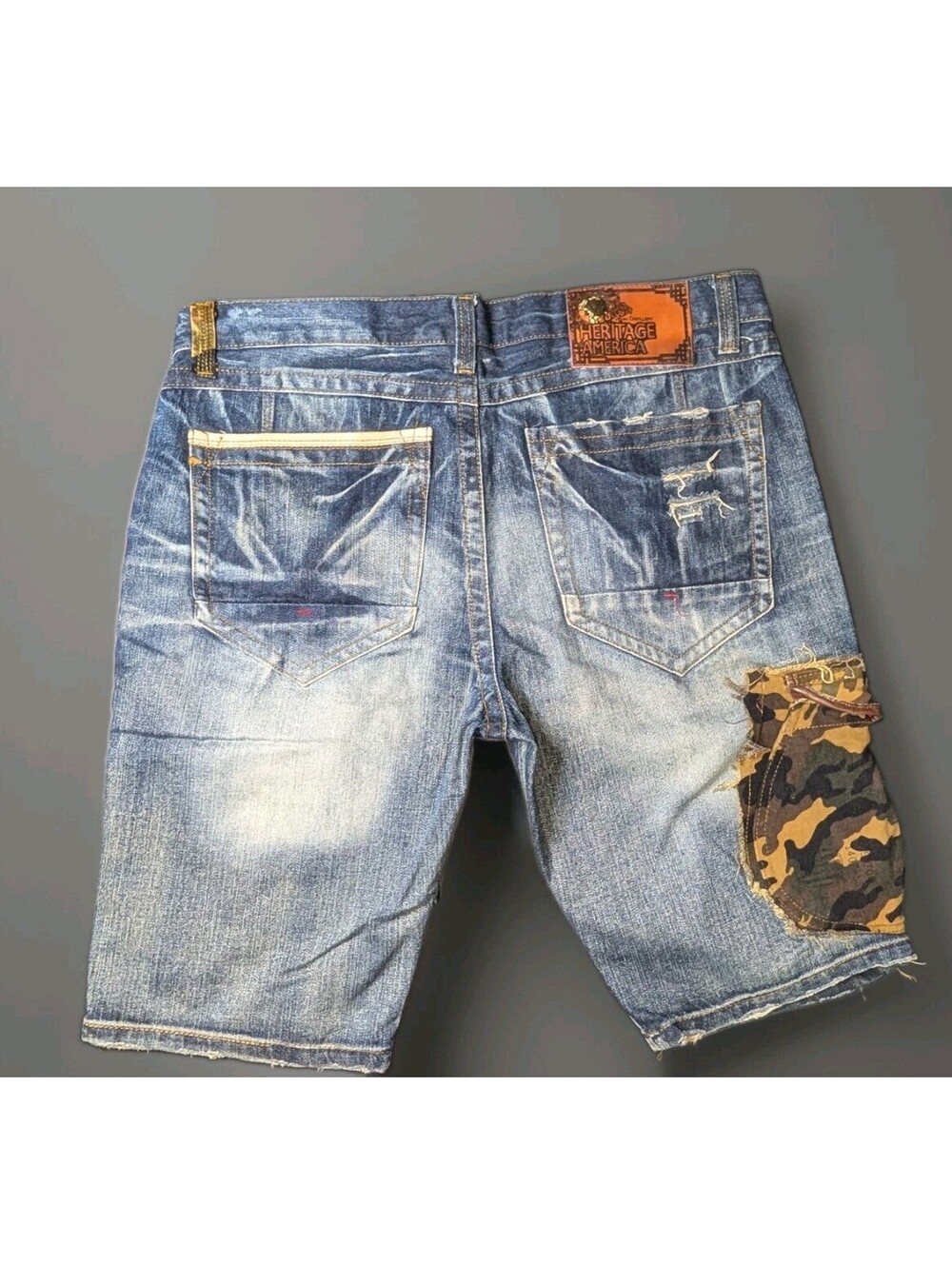 Denim Distillery Heritage America Jeans Shorts Camo Cargo Distressed 38 - Picture 3 of 5